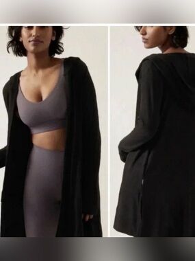 Athleta Harmony Pose Wrap Cardigan Size M Ribbed Hooded Split Hem Midi Yoga